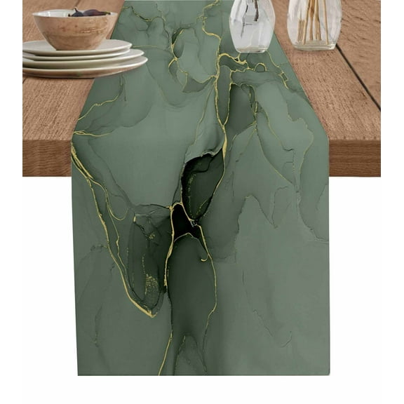 Sage Green Marble Table Runner 90 Inch Long Dresser Scarves Cotton Linen Tablerunners Modern Abstract Art Ink Painting Dining Kitchen Burlap Table Setting Decor for Wedding Party Holiday, 13"x90"