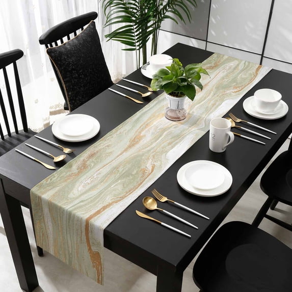 Sage Green Marble Table Runner 90 Inches Long, Contemporary Abstract Fluid Art Kitchen Dining Burlap Linen Tablerunner for Small/Round/Square/Wedding/Coffee/Dining Table Party Home Décor 13 x 90