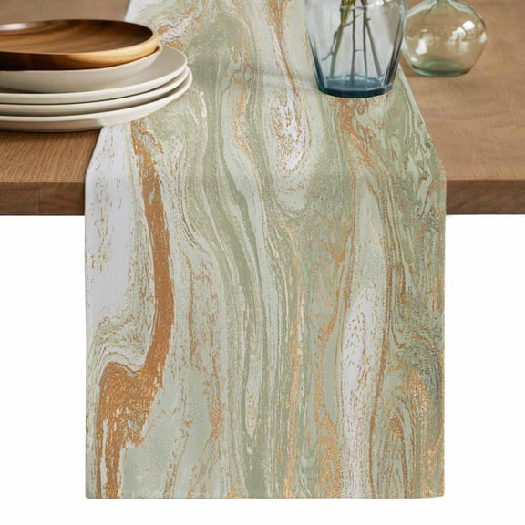 Sage Green Marble Table Runner, Contemporary Abstract Fluid Art Washable Cotton Linen Table Runners 36 Inches Long, Dresser Scarf Runner for Nightstand/End Tables/Round Tables 13''x36''