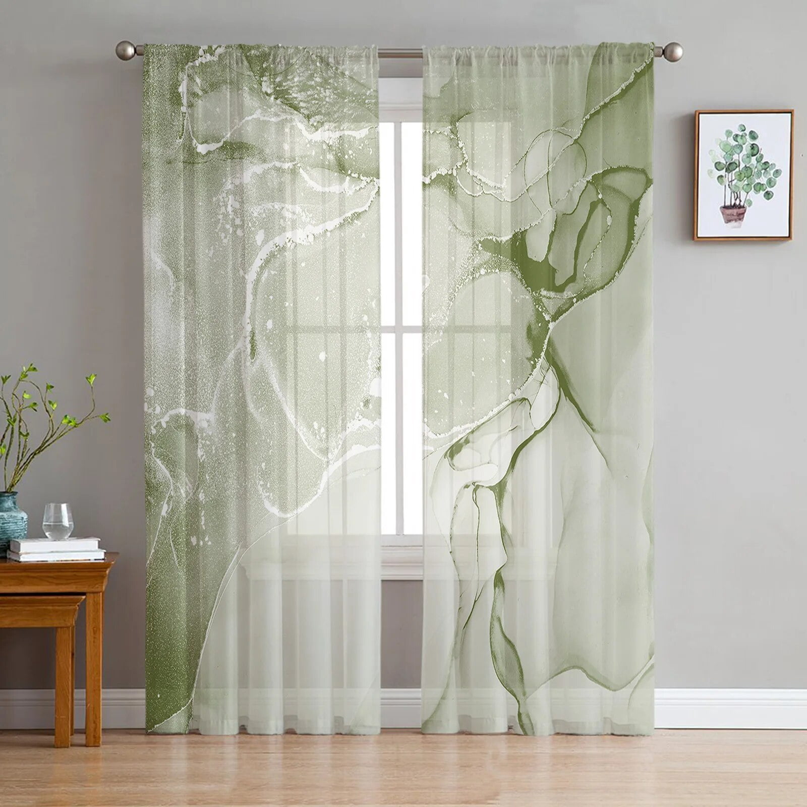 Sage Green Marble Texture Sheer Curtains for Living Room Modern Voile ...