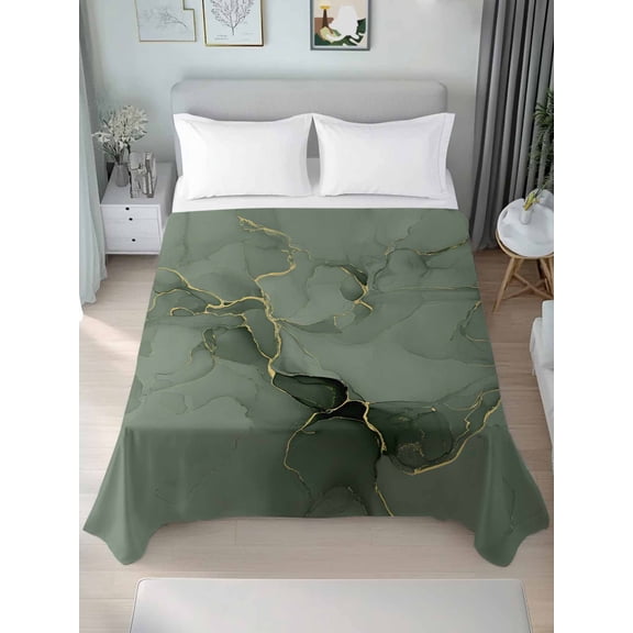 Sage Green Marble Twim Size Flat Sheet, Wrinkleproof & Fadeproof Cooling Flat Bed Sheet Only, Modern Abstract Art Ink Painting Breathable Soft Bedding Top Sheets 66 x 96 Inches