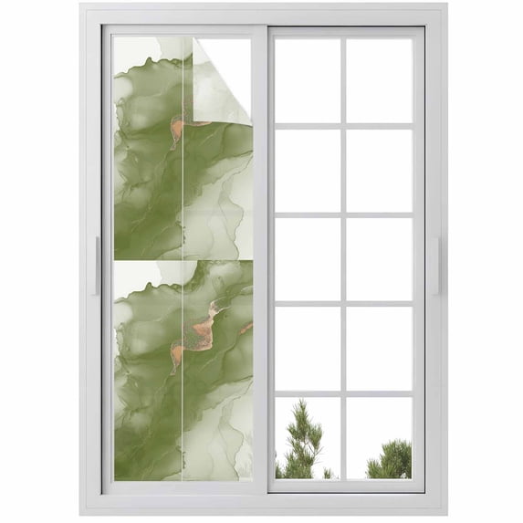 Sage Green Marble Window Privacy Film, Modern Ombre Abstract Ink Painting Art Static Cling UV Sun Blocking Heat Control Window Tint, Non-Adhesive One Way Windows Privacy Cover 17.7''x78.7''