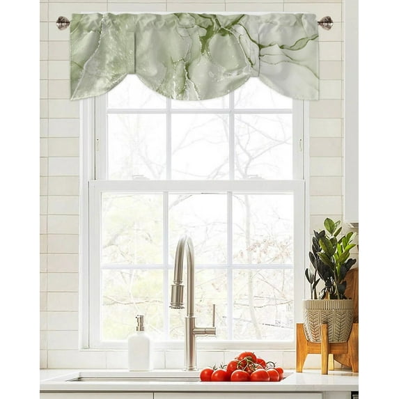 Sage Green Marbled Window Curtain for Living Room Christmas Kitchen Cabinet Tie-up Valance Curtain Rod Pocket