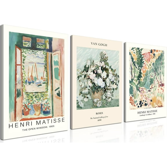 Sage Green Matisse Canvas Wall Art Poster Set of 3 Van Gogh Floral Wall Decor Paintings, Mid Century Abstract Pictures Vintage Aesthetic Prints for Living Room Bedroom Bathroom