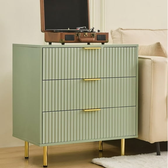 Sage Green 3 Drawer Night Stands Dresser Fluted Wide Nightstand Bedside Table for Bedroom