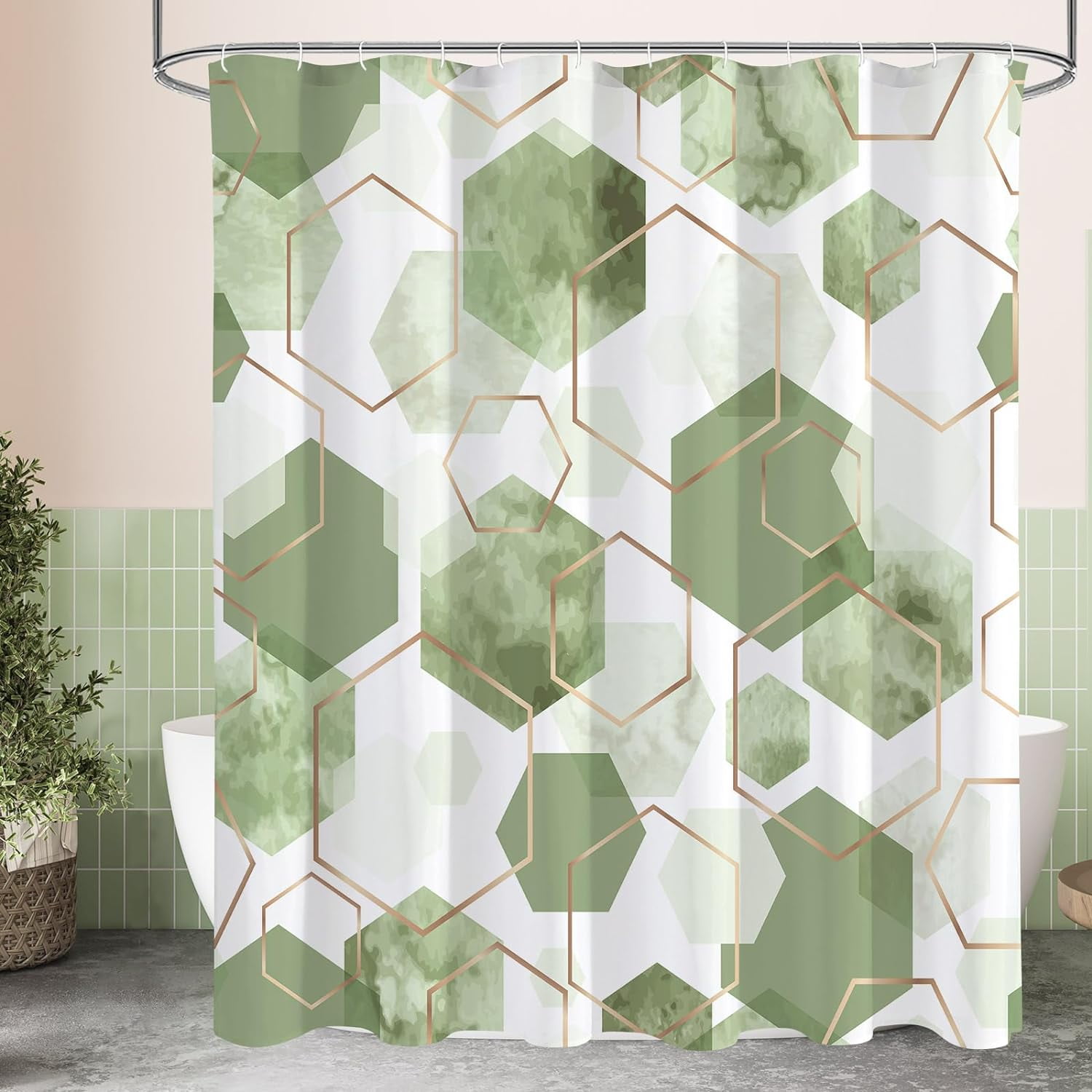Sage Green Modern Shower Curtain for Bathroom, Geometric Art Decor