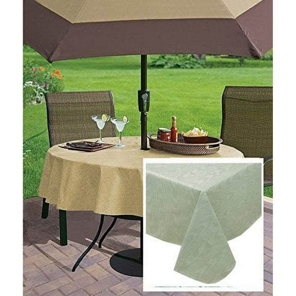 Sage Green Moire Wavy Solid 70 inch Zipper Umbrella Round Vinyl Dining Tablecloth with Flannel Backing