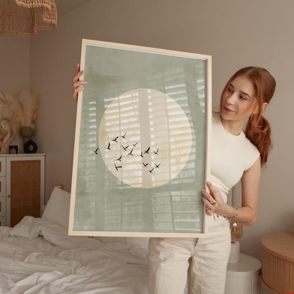 Sage Green Moon Print, Japandi Flock Of Birds Wall Art