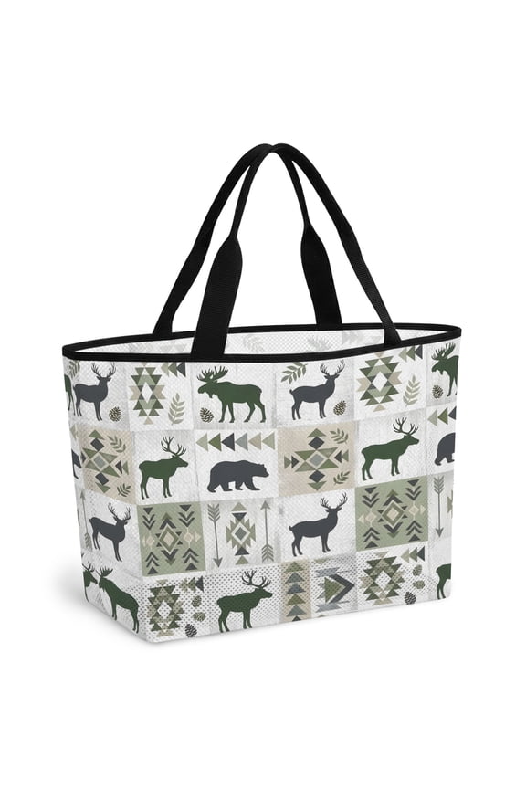 Sage Green Moose Beach Bag for Women, Large Breathable Mesh Beach Tote Bag, Animals Checkered Vintage Art Sandproof Lightweight Travel Bags for Vacation Picnic Swimming Pool 15.7"x15.7"x9.1"