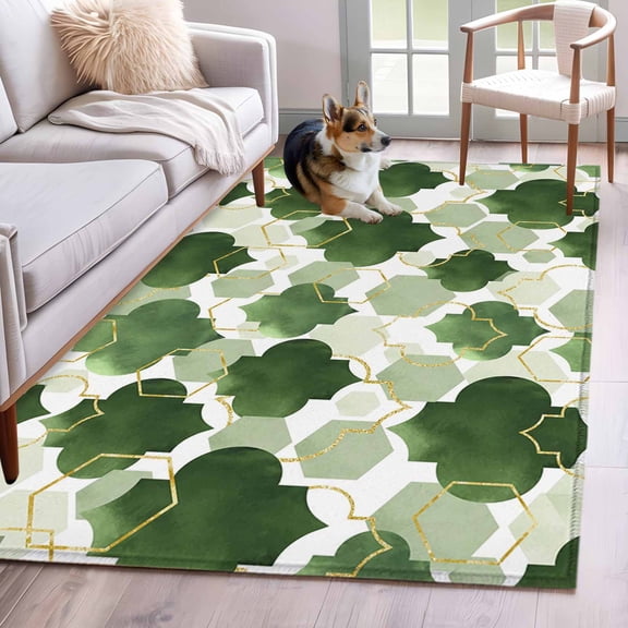 Sage Green Moroccan Area Rugs 4x6 ft Abstract Gradient Gold Green Geometric Washable Rug Non Slip Indoor Carpet Absorbent Floor Mat for Living Room Bedroom Dining Room