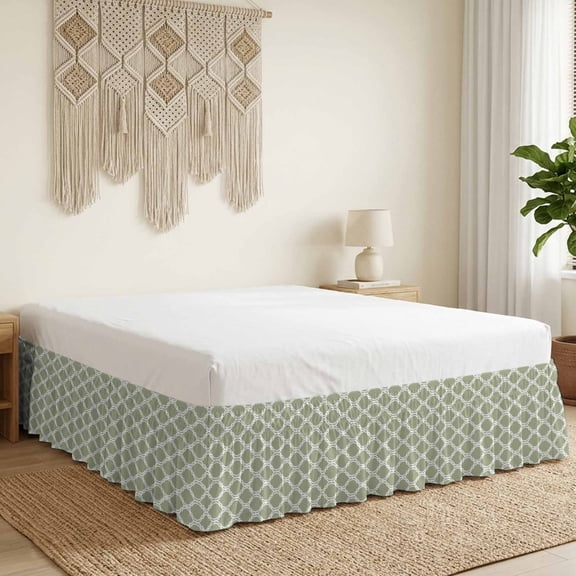 Sage Green Moroccan Bed Skirt Bed Skirts Queen Size 18 Inch Drop, Modern Geometric Morocco Abstract Art Wrap Around Dust Ruffle Bedskirt with Adjustable Elastic Belt for Queen Size Beds