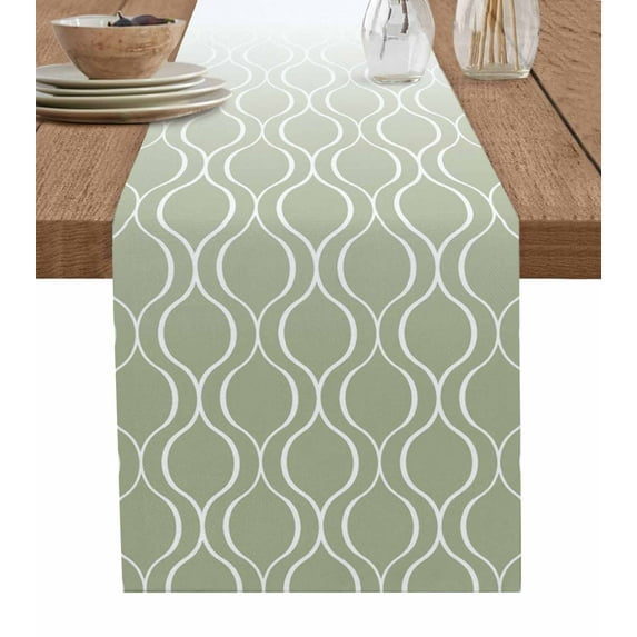 Sage Green Moroccan Burlap Cotton Table Runner 13x48 Inches Long, Abstract Stripes Ombre Modern Farmhouse Table Runners, Outdoor Dining Tablecloths Decor for Baby Shower/Party/Wedding