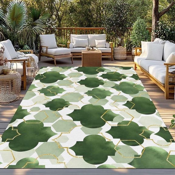 Sage Green Moroccan Indoor Outdoor Rugs 4x6 Ft, Abstract Gradient Gold Green Geometric Outdoor Patio Rugs Mat Washable Outside Area Rugs Carpet for Porch Deck RV Camping Pool Balcony Backyard