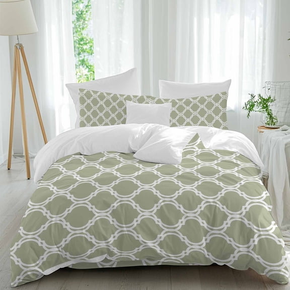 Sage Green Moroccan Queen Size Comforter Set, Modern Geometric Morocco Abstract Art Bedding for All Seasons, 4 Pcs Bed Set, 1Quiltcover (90"x92") ,1Sheet(94"x116"), 2Pillowcases (30"x20")