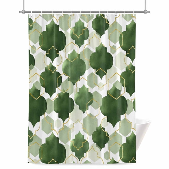 Sage Green Moroccan Shower Curtain, Abstract Gradient Gold Green Geometric Waterproof Shower Curtain Set with 12 Hooks Lightweight Bath Curtains Fabric Bathroom Decor 48x72 Inches