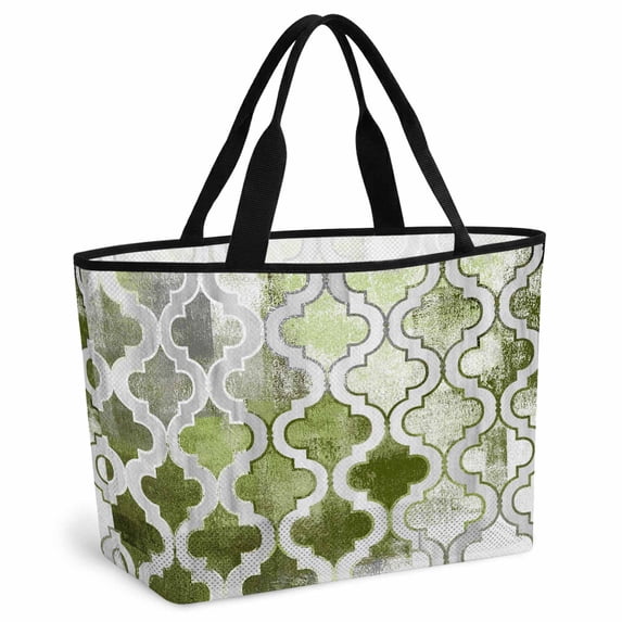 Sage Green Morocco Beach Bag for Women, Large Breathable Mesh Beach Tote Bag, Vintage Grey Shabby Chic Plaid Sandproof Lightweight Travel Bags for Vacation Picnic Swimming Pool 15.7"x15.7"x9.1"