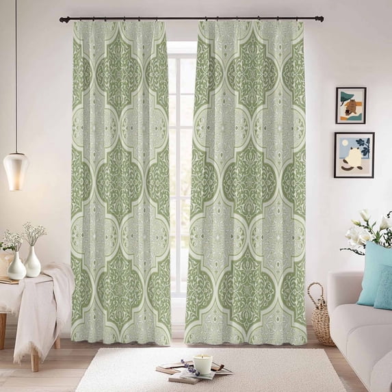 Sage Green Morocco Blackout Curtains for Bedroom/Living Room, Pinch Pleated Black Out Curtains, Vintage Abstract Geometric Pattern Room Darkening Window Drapes with Hooks 2 Panels, 39"x70"