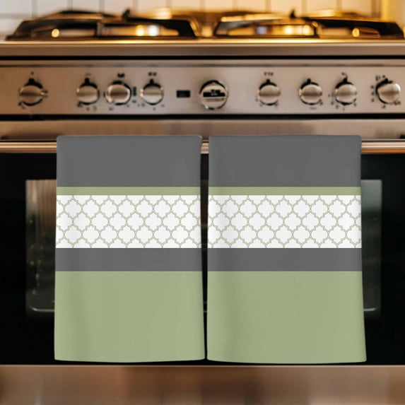 Sage Green Morocco Kitchen Towels Set of 3, Modern Stitching Geometric Striped Grey Absorbent Dish Towels for Kitchen, Microfiber Hand Towel, Quick Drying Tea Towel for Cleaning Decorative Dishcloths