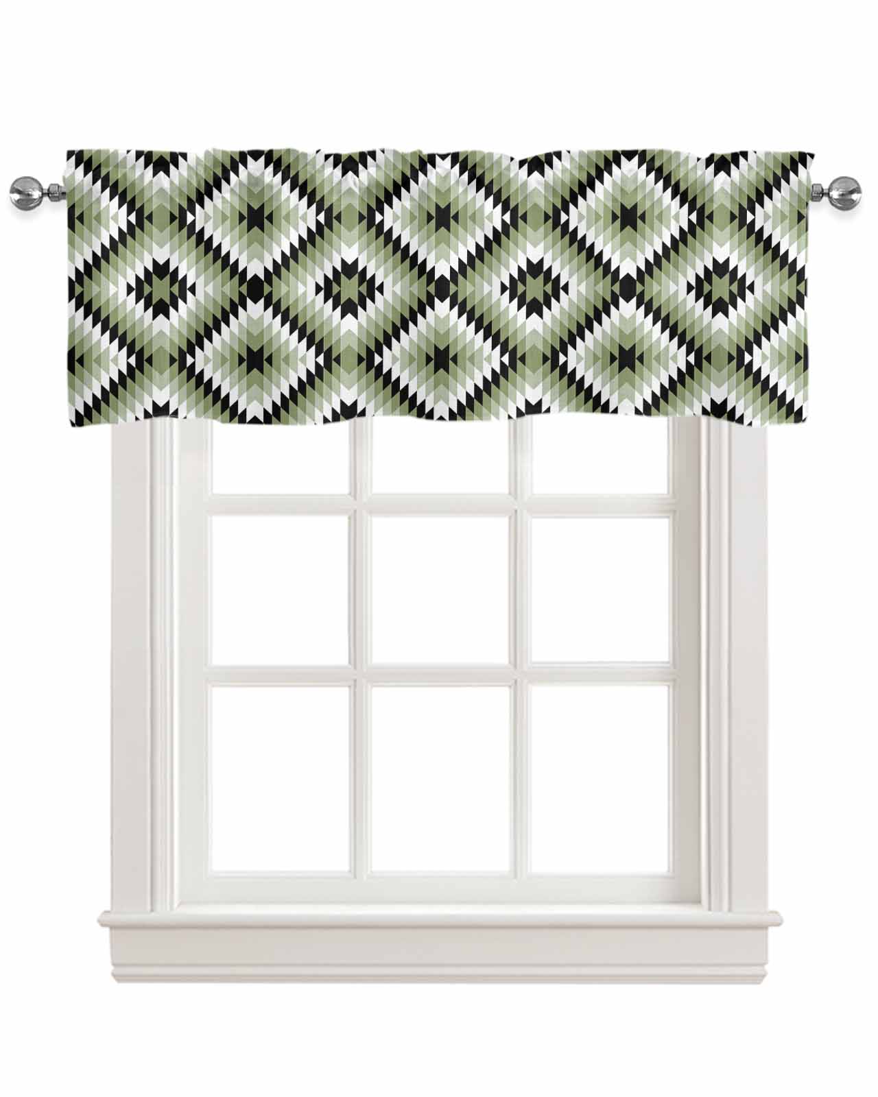 Sage Green Morocco Linen Curtain Valance for Bedroom/Bathroom/Kitchen/Living/Dining Room Window,Black Aztec Boho Southwest Geometric Tribal Pocket Topper Drapes Decorative Cafe Drapery Panel 42"x18"