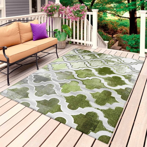 Sage Green Morocco Outdoor Rug for Patio/Deck/Porch, Non-Slip Large Area Rug 4 x 6 Ft, Vintage Grey Shabby Chic Plaid Indoor Outdoor Rugs Washable Area Rugs, Reversible Camping Rug Carpet Runner