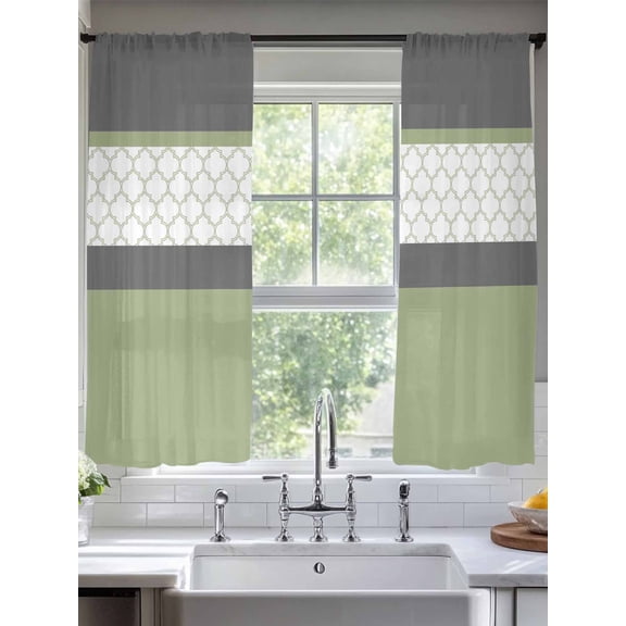 Sage Green Morocco Pattern Sheer Curtains 2 Panels Set Stitching Art Lihgt Filtering Rod Pocket Voile Drape,Semi Sheer Window Curtains for Bedroom Living Room,52"x72"
