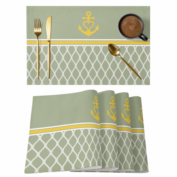 Sage Green Morocco Placemats Set of 6, Ocean Yellow Nautical Anchor Stripe Placemats for Dining Table, Place Mats for Kitchen Tabletop, Waterproof Wipeable Dining Table Mats Set