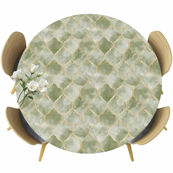 Sage Green Morocco Round Fitted Table Cover Abstract Marble Solid Color Gold Waterproof Table Cloth with Elastic Edge Wipeable Tablecloth for Picnic Camping Party Fits 36"-44" Diameter