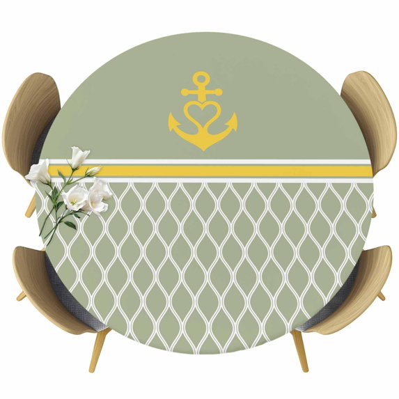 Sage Green Morocco Round Tablecloth, Fitted Table Cover with Elastic for 45"-54" Round Tables, Ocean Yellow Nautical Anchor Stripe Table Cloth Outdoor Indoor Dinning Party Waterproof Tablecloths