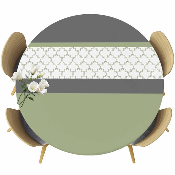 Sage Green Morocco Round Tablecloth, Fitted Table Cover with Elastic for 55"-60" Round Tables, Modern Stitching Geometric Striped Grey Table Cloth Outdoor Indoor Dinning Party Waterproof Tablecloths