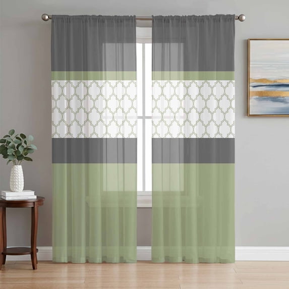 Sage Green Morocco Sheer Curtains 72 Inch Length 2 Panels Set, Modern Stitching Geometric Striped Grey Voile Window Treatment Curtains Sheers Drapes for Bedroom/Living Room/Kitchen 52"x72"x2
