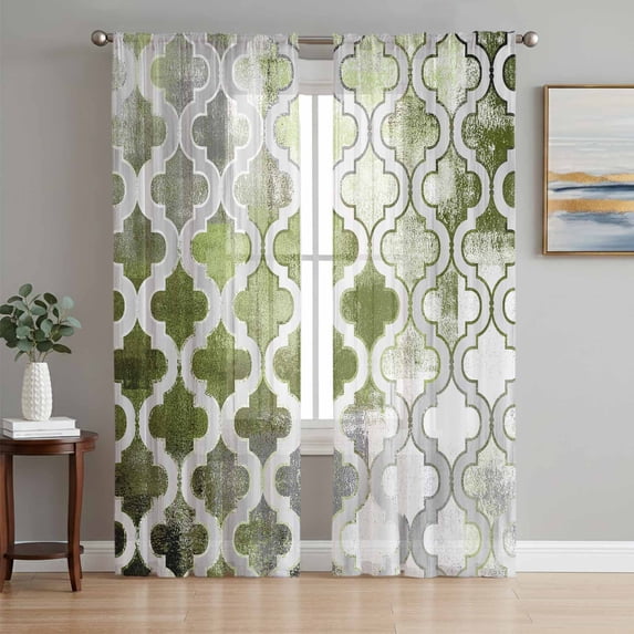 Sage Green Morocco Sheer Curtains 96 Inch Length 2 Panels Set, Vintage Grey Shabby Chic Plaid Voile Window Treatment Semi Sheer Long Curtains Drapes for Bedroom/Living Room/Kitchen 52"x96"x2