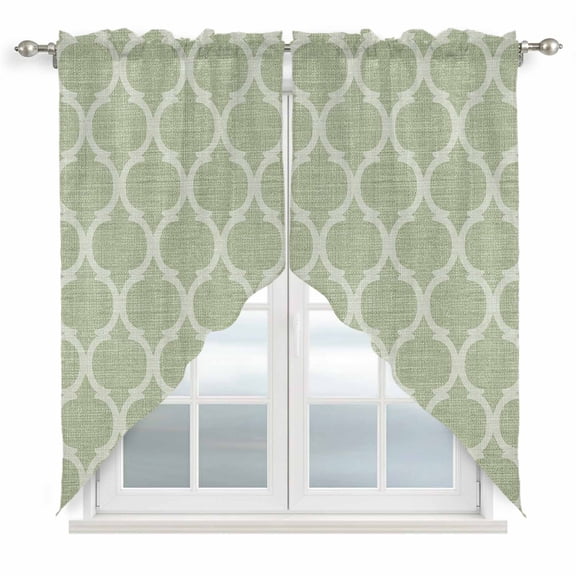 Sage Green Morocco Swag Curtains for Kitchen/Bedroom/Living Room, Boho Abstract Geometric Grid Plaid Scalloped Curtains 63 Inch Long, Window Swag Topper Curtains Valances 2 Panels Set 36"x63"