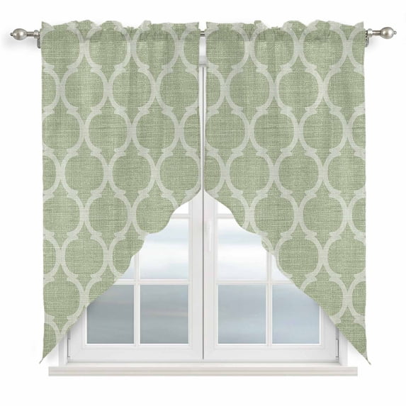 Sage Green Morocco Swag Valances for Windows, Kitchen Curtains 36 Inch Length 2 Panels Set, Boho Abstract Geometric Grid Plaid Short Curtains for Small Windows Rod Pocket Cafe Curtains Drapes 28"x36"