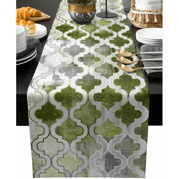 Sage Green Morocco Table Runner 108 Inches Long - Kitchen Dining Burlap Moroccan Tablerunner for Small/Round/Square/Wedding/Coffee/Dining Table Party Home Dcor Modern Shabby Chic Geometric Trellis