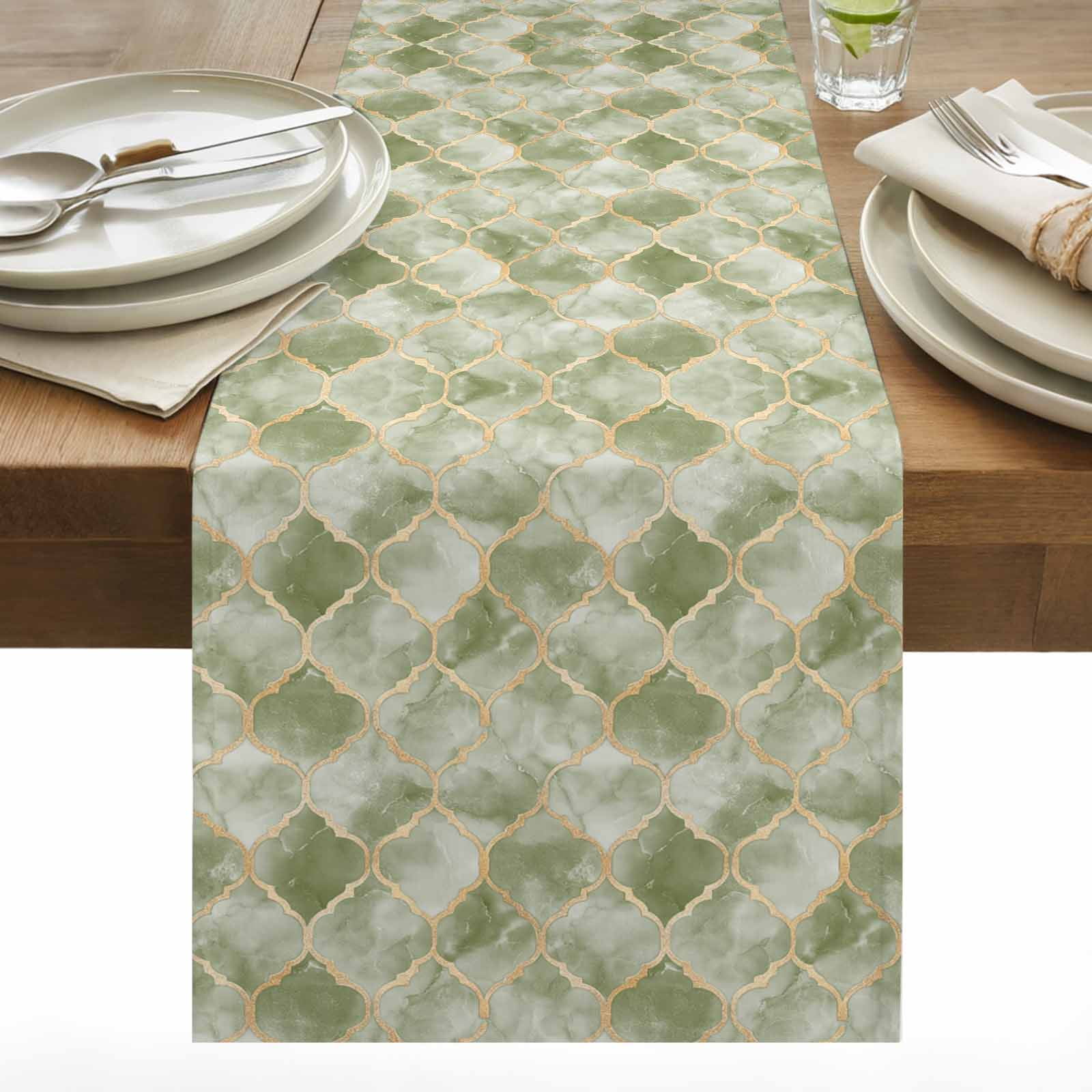 Sage Green Morocco Table Runner 13x108 inch Abstract Marble Solid Color Gold Cotton Linen Dining Table Runner Ideal for Dresser Kitchen Coffee Tables - Machine Washable