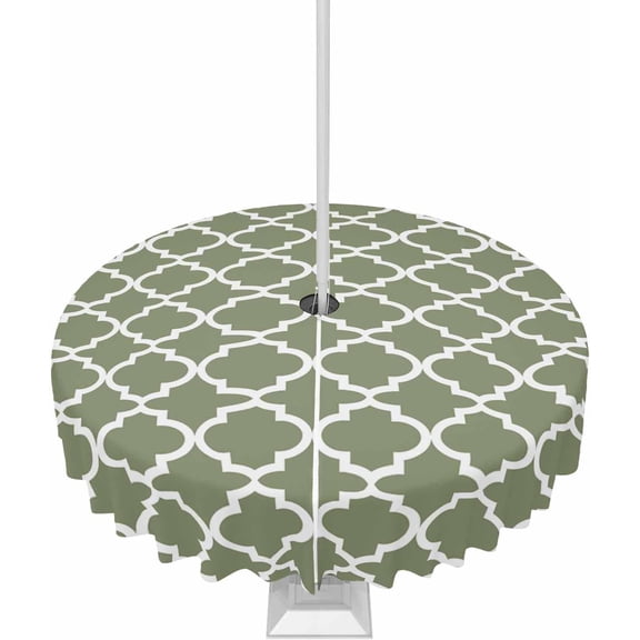 Sage Green Moroccon Round Outdoor Tablecloth with Umbrella Hole and Zipper, Waterproof Modern Boho Geometric Table Cloth Cover, Abstract Geometric Table Protector for Patio Party Picnic 52" Round