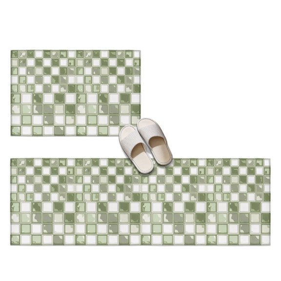Sage Green Mosaic Checkered 2 Pieces Non-Slip Kitchen Mat Set, Modern Abstract Geometric Squares Plaid Soft Door Mat with Rubber Backing, Dirtproof Rugs for Entrance Doorway, 15.7x23.6in+15.7x47.2in