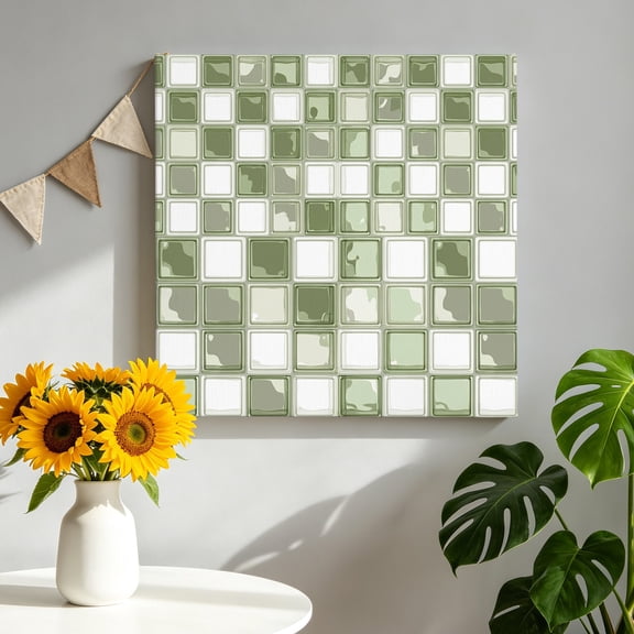 Sage Green Mosaic Checkered Canvas Wall Art for Living Room, Modern Abstract Geometric Squares Plaid Poster Print Painting for Bedroom Office Home Decoration Wall Pictures Prepare To Hang 8"x8"