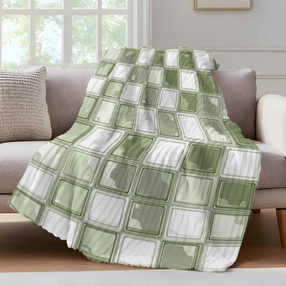 Sage Green Mosaic Checkered Throw Blanket for Couch Modern Abstract Geometric Squares Plaid Soft and Warm Flannel 3D Striped Fluffy Fuzzy Fleece Blanket Lightweight Throw for Bed, Sofa 40 x 50 Inches