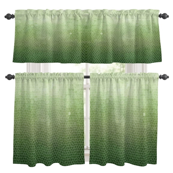 Sage Green Mosaic Kitchen Curtains and Valances Set, Minimalist Abstract Hexagonal Grid Soft Gradient 3 Piece Curtains Valances and Tiers Set Rod Pocket for Kitchen Bathroom Windows 24 Inch