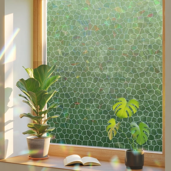 Sage Green Mosaic Window Privacy Film, Minimalist Abstract Hexagonal Grid Soft Gradient Stained Glass Rainbow Film Decorative Window Clings, Static Cling Sun Blocking Stickers 23.6" x 78.7"