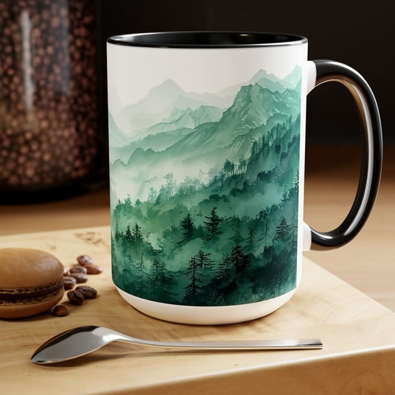 Sage Green Mountain Mug: Watercolor Landscape Art, Modern Minimal Cup