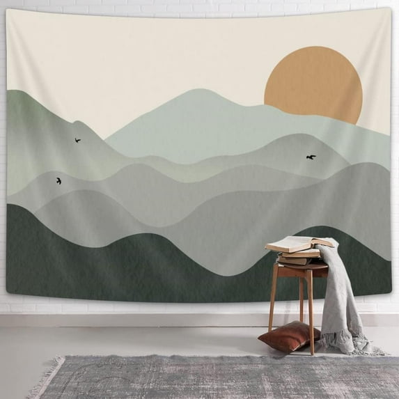 Sage Green Mountain Tapestry Boho Modern Sun Abstract Tapestries, Mid Century Sunset Minimalist Neutral Tapestry Wall Hanging Decor for Bedroom Living Room, 60X40IN