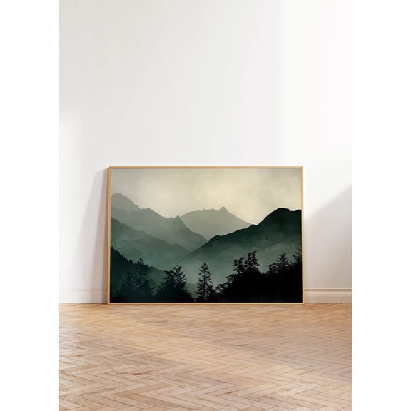 Sage Green Mountain Wall Art Abstract Nature Print Modern Minimal Decor Landscape Subtle Forest Printable, Stretched Canvas 8x10in