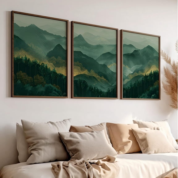 Sage Green Mountain Wall Art Eco Landscape Nature Minimal Pine Set 3 Unframed Paper Print
