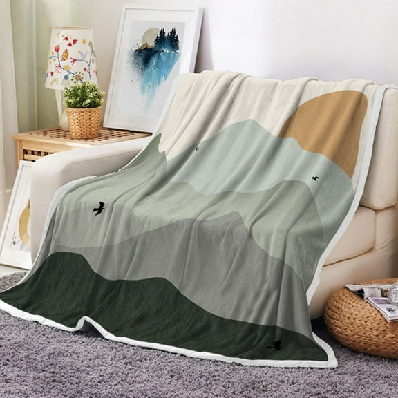 Sage Green Mountain Weighted Throw Blanket for Couch, Boho Abstract Sun Landscape Minimalist Aesthetic Soft Thick Fleece Flannel Blanket for Bed Office (60X80 Inches)