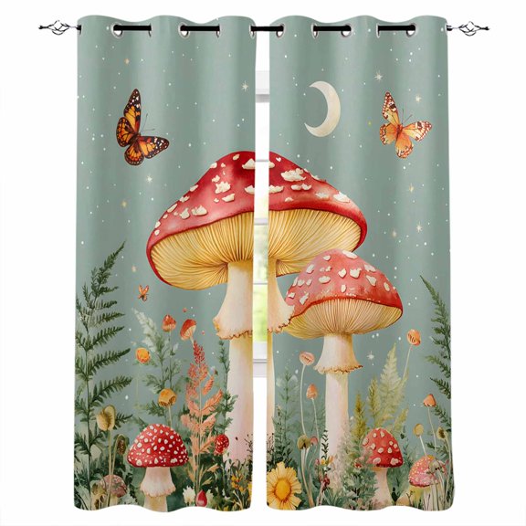 Sage Green Mushroom Blackout Curtains for Bedroom/Living Room, Thermal Insulated Kitchen Curtains, Moon Spring Summer Floral Botanical Grommet Darkening Window Treatment Drapes 52"x72"x2
