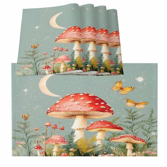 Sage Green Mushroom Placemats for Dinning Table Set of 6, Spring Floral Botanical Summer Burlap Kitchen Place Mats Waterproof Cloth Table Mats, Indoor Outdoor Placemats Easy Clean Dinner Decor