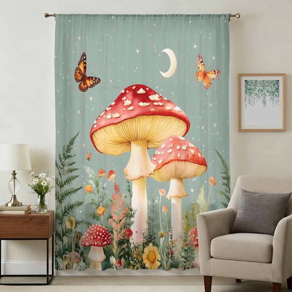 Sage Green Mushroom Sheer Curtains 45 Inches Long, Moon Spring Summer Floral Botanical Light Filering Curtains, Breathable Simi Curtain Privacy Drapes for Kitchen Bathroom Small Window Treatment