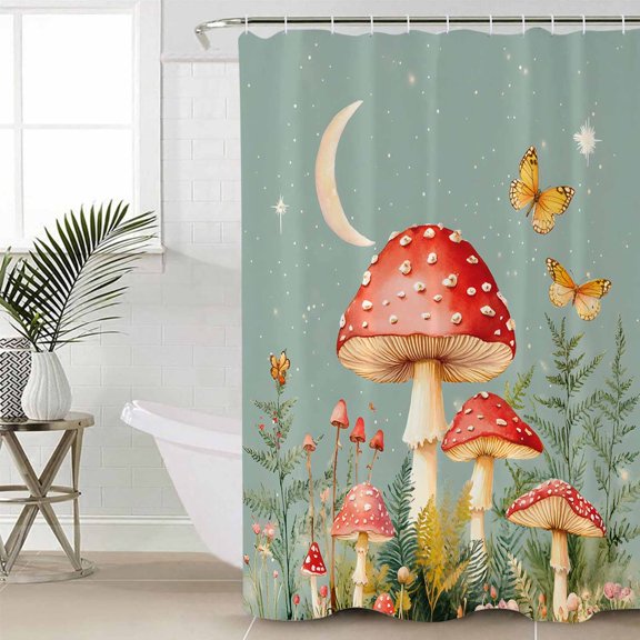 Sage Green Mushroom Waterproof Fabric Shower Curtain, Spring Floral Botanical Summer Shower Curtain for Bathroom Curtains Bathtubs Hotel Washable Shower Curtains with 12 Hooks Standard 60x72